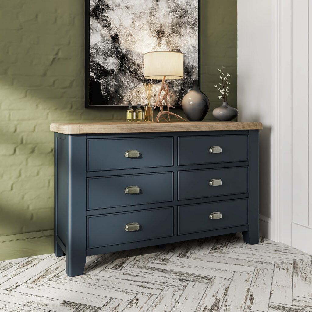 Heritage Oak Blue 6 Drawer Chest of Drawers